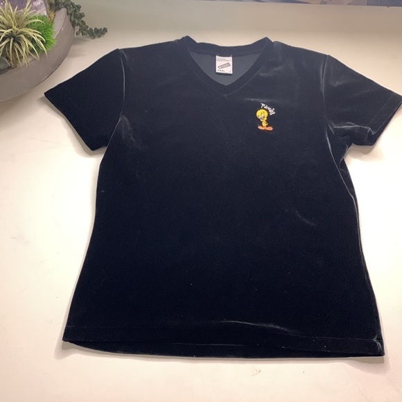 Vintage Warner Bros. tweety bird black velvet short sleeve V-neck T-shirt large - Picture 6 of 6